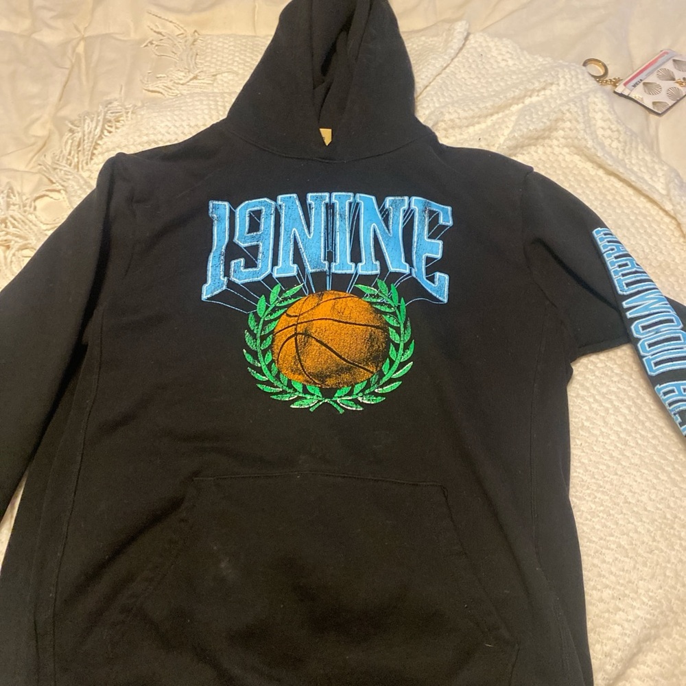 Black Hoodie with Blue and Orange Graphic
